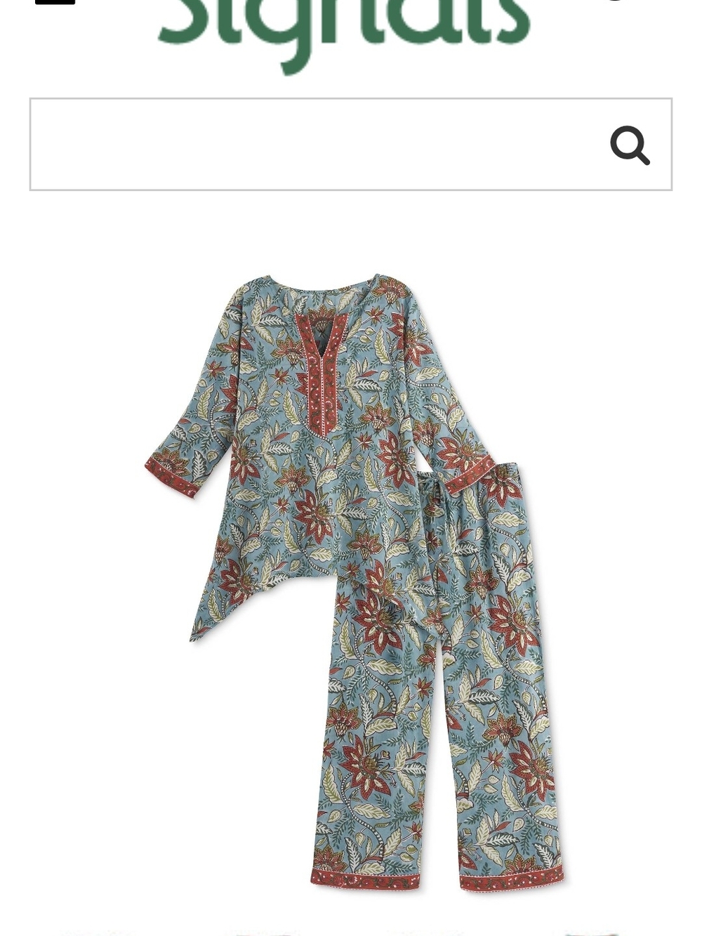 Womans Floral Cotton Pajama Lounge Set - Green,red,blue Accents
